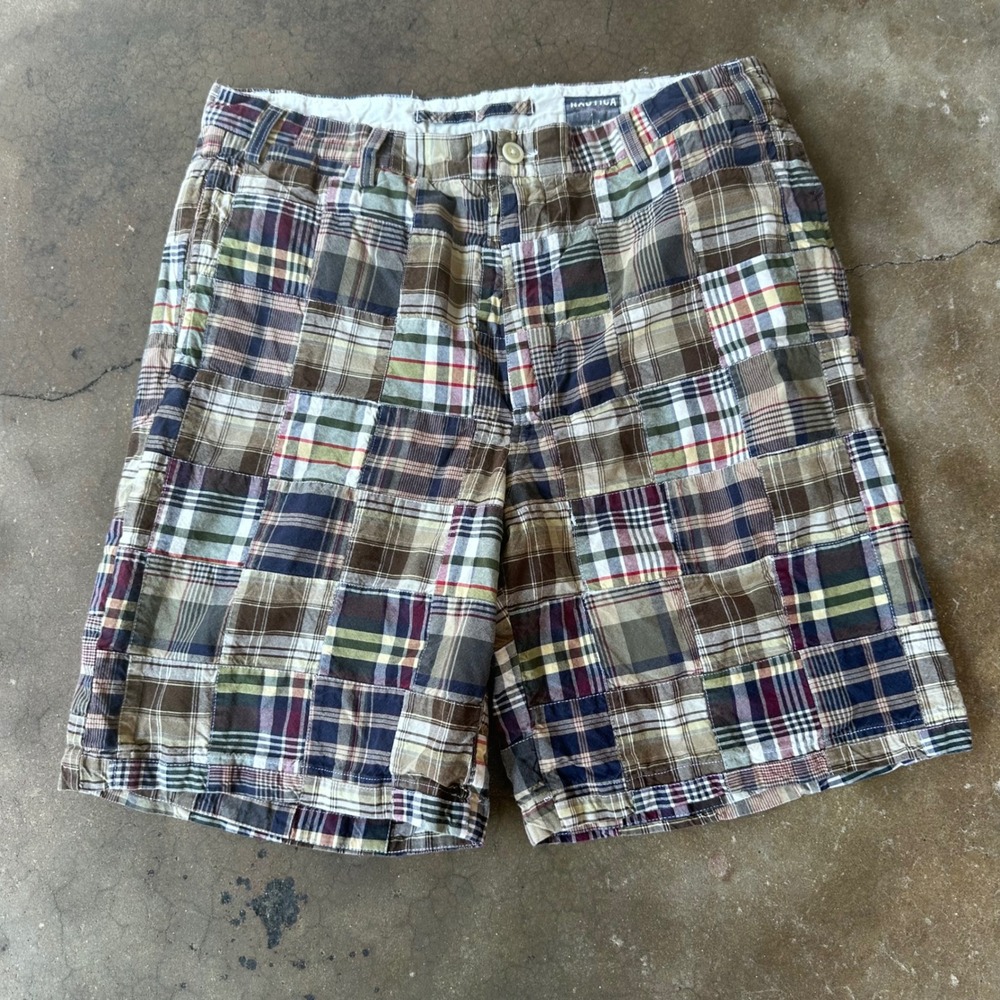 Nautica Patchwork Shorts Mens 38 Multi Color Excellent Plaid Madras Cotton